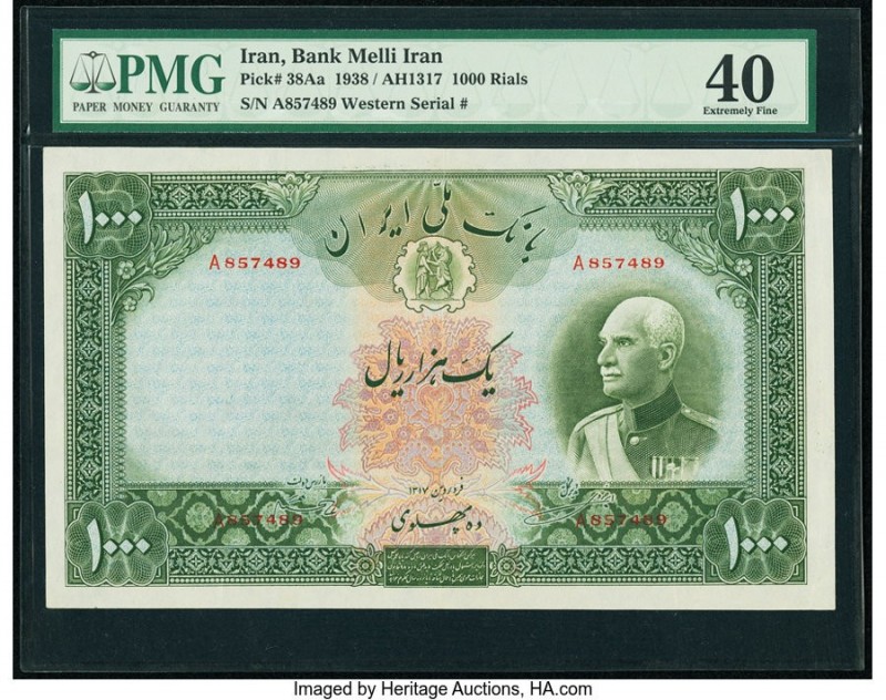 Iran Bank Melli 1000 Rials ND (1938) / AH1317 Pick 38Aa PMG Extremely Fine 40. T...