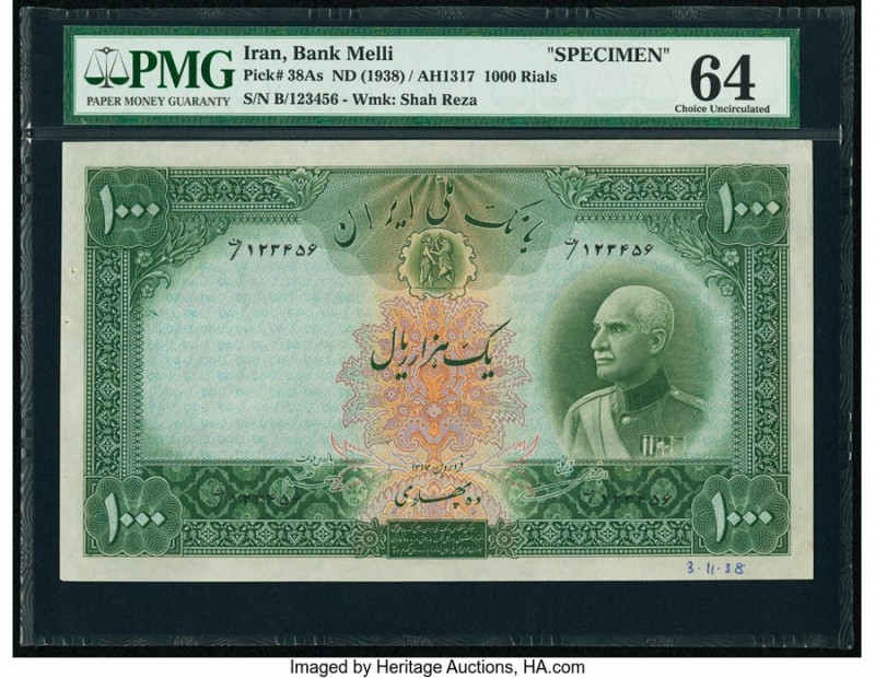 Iran Bank Melli 1000 Rials ND (1938) / AH1317 Pick 38As Specimen PMG Choice Unci...