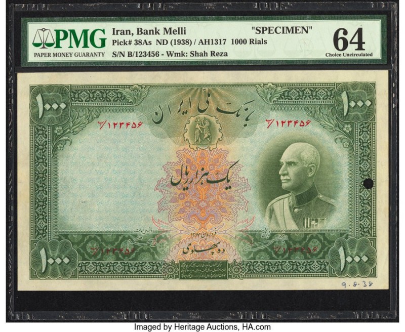 Iran Bank Melli 1000 Rials ND (1938) / AH1317 Pick 38As Specimen PMG Choice Unci...