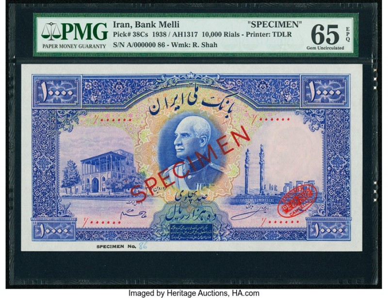 Iran Bank Melli 10,000 Rials ND (1938) / AH1317 Pick 38Cs Specimen PMG Gem Uncir...