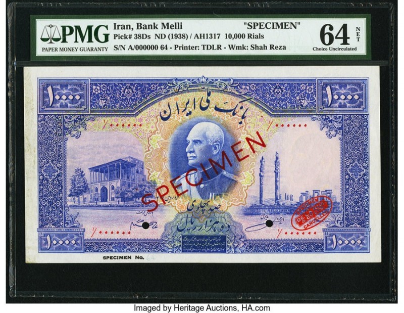 Iran Bank Melli 10,000 Rials ND (1938) / AH1317 Pick 38Ds Specimen PMG Choice Un...