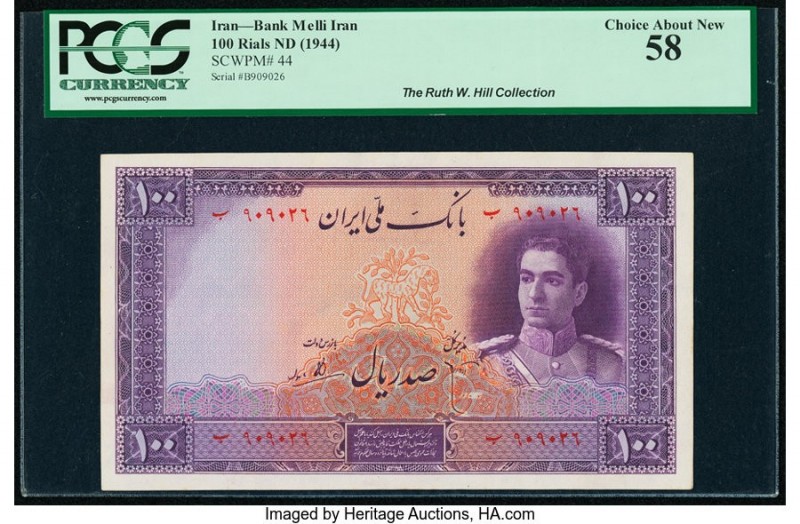 Iran Bank Melli 100 Rials ND (1944) Pick 44 PCGS Choice About New 58. Deep purpl...