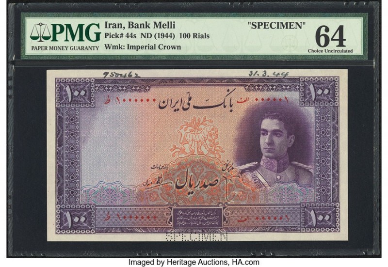 Iran Bank Melli 100 Rials ND (1944) Pick 44s Specimen PMG Choice Uncirculated 64...