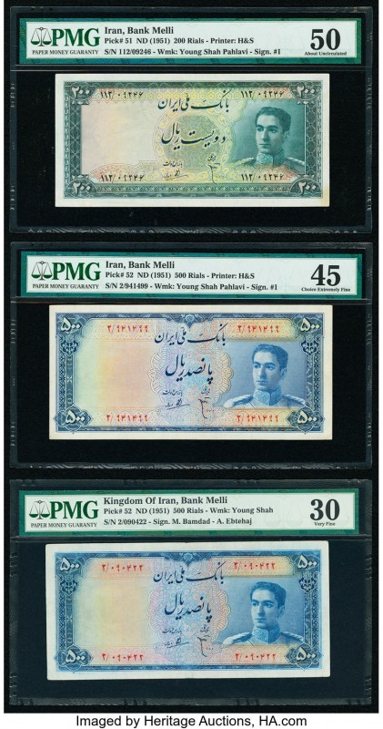 Iran Bank Melli 200; 500; 500 Rials ND (1951) Pick 51; 52; 52 Three Examples PMG...