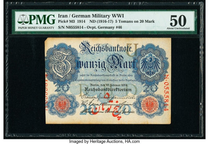 Iran German Military WWI 5 Tomans on 20 Mark ND (1916-17) Pick M3 PMG About Unci...