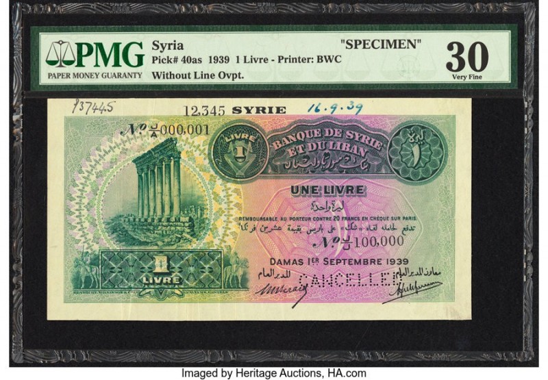 Syria Banque de Syrie et du Liban 1 Livre 1939 Pick 40as Specimen PMG Very Fine ...