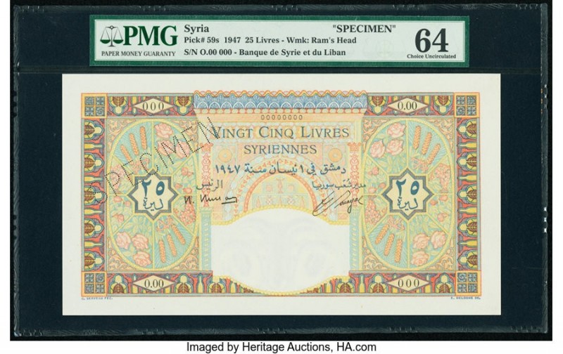 Syria Banque de Syrie et du Liban 25 Livres 1947 Pick 59s Specimen PMG Choice Un...