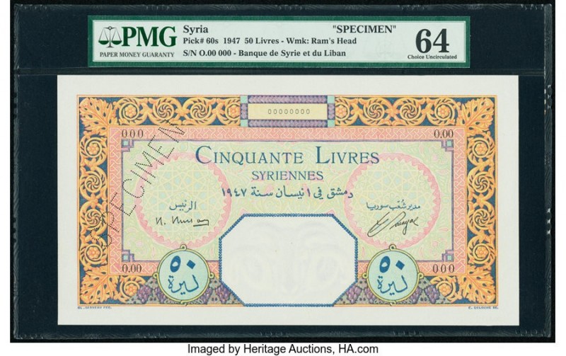 Syria Banque de Syrie et du Liban 50 Livres 1947 Pick 60s Specimen PMG Choice Un...