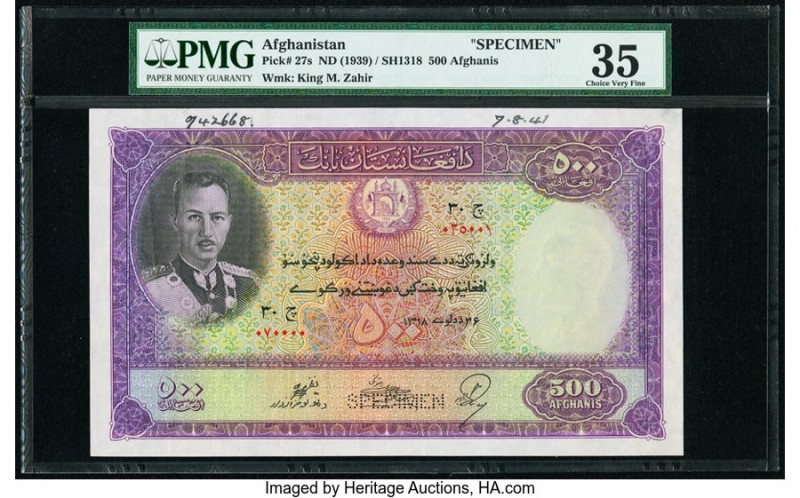 Afghanistan Bank of Afghanistan 500 Afghanis ND (1939) / SH1318 Pick 27s Specime...