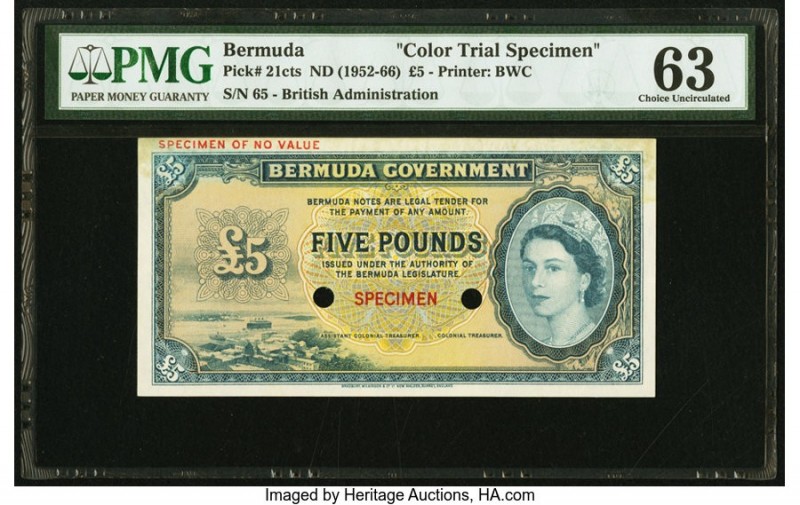 Bermuda Bermuda Government 5 Pounds ND (1952-66) Pick 21cts Color Trial Specimen...