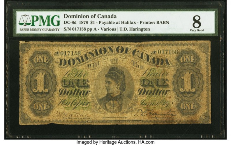 Canada Dominion of Canada, Halifax $1 1.6.1878 Pick 17c DC-8d PMG Very Good 8. A...