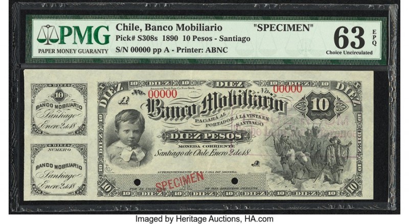 Chile Banco Mobilario 10 Pesos 2.1.1890 Pick S308s Specimen PMG Choice Uncircula...