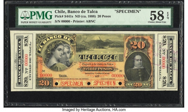 Chile Banca da Talca 20 Pesos ND (ca. 1888) Pick S441s Specimen PMG Choice About...