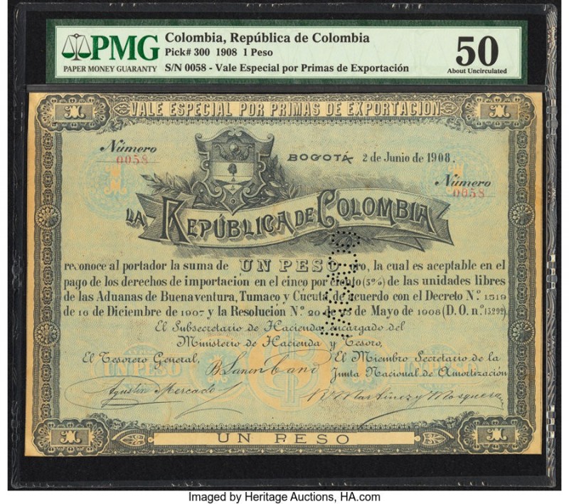 Colombia Republica de Colombia 1 Peso 2.6.1908 Pick 300 PMG About Uncirculated 5...