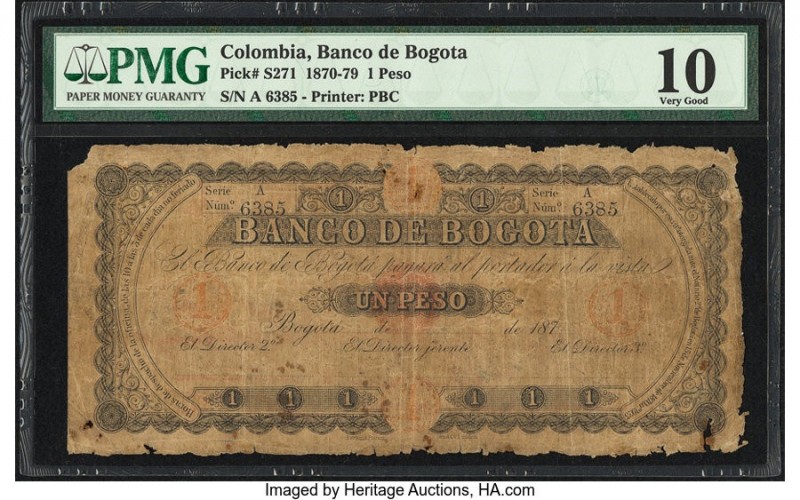 Colombia Banco de Bogota 1 Peso 1870's Pick S271 PMG Very Good 10. A well circul...