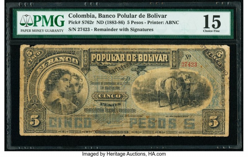 Colombia Banco Popular de Bolivar 5 Pesos 1883-86 Pick S762r Remainder PMG Choic...