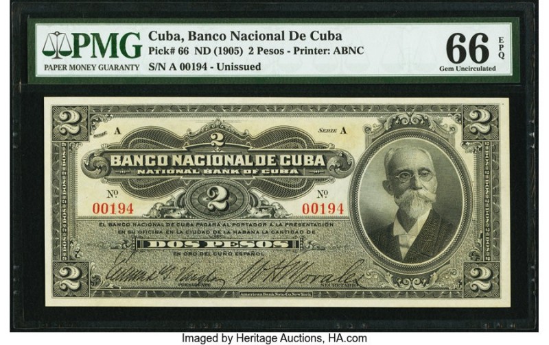 Cuba Banco Nacional de Cuba 2 Pesos ND (1905) Pick 66 PMG Gem Uncirculated 66 EP...