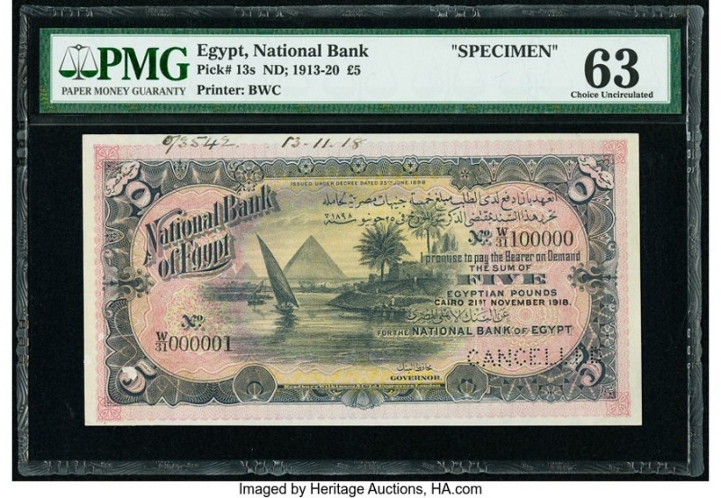 Egypt National Bank of Egypt 5 Pounds 21.11.1918 Pick 13s Specimen PMG Choice Un...