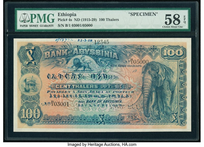 Ethiopia Bank of Abyssinia 100 Thalers ND (1915-1929) Pick 4s Specimen PMG Choic...