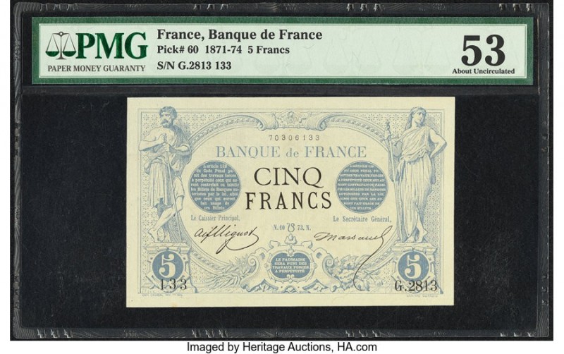 France Banque de France 5 Francs 1871-74 Pick 60 PMG About Uncirculated 53. A sc...