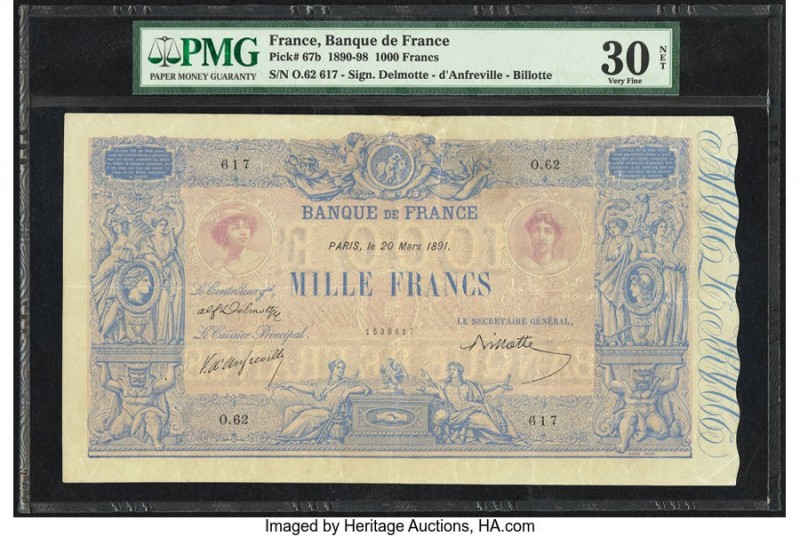 France Banque de France 1000 Francs 20.3.1891 Pick 67b PMG Very Fine 30 Net. A w...