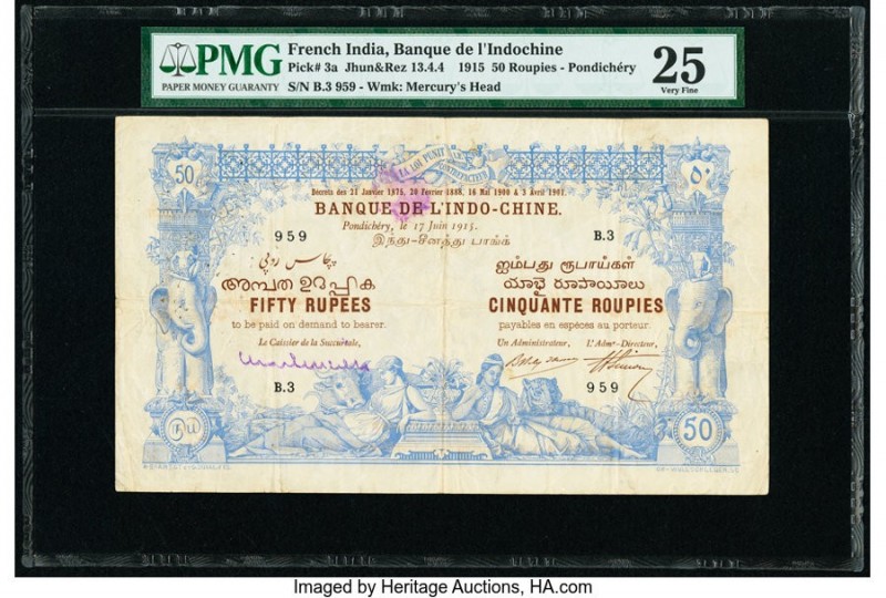 French India Banque de l'Indochine, Pondichery 50 Roupies 1915 Pick 3a Jhunjhunw...