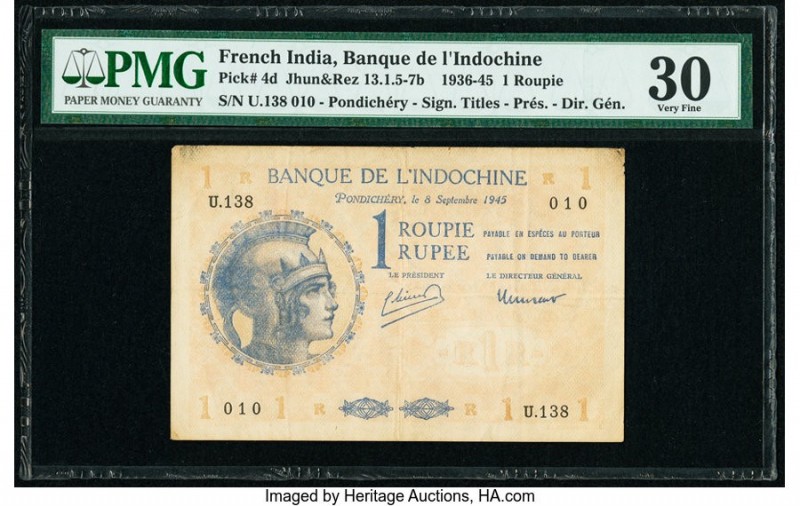 French India Banque de l'Indochine 1 Roupie 8.9.1945 Pick 4d Jhunjhunwalla-Razac...