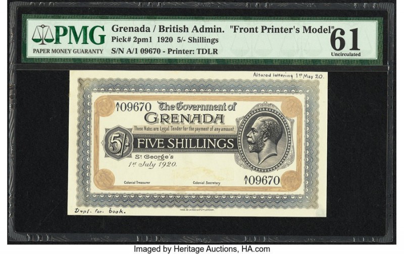 Grenada Government of Grenada 5 Shillings 1.7.1920 Pick 2pm1 Front Printer's Mod...