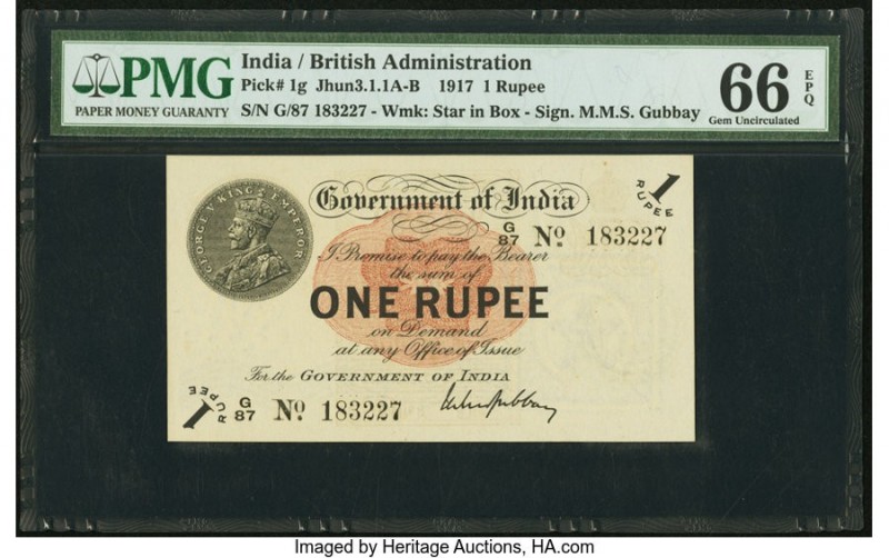 India Government of India 1 Rupee 1917 Pick 1g Jhunjhunwalla-Razack 3.1.1A-B PMG...