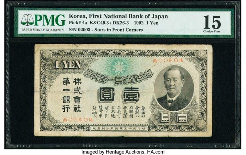 Korea First National Bank of Japan 1 Yen 1902 Pick 4a PMG Choice Fine 15. A surv...