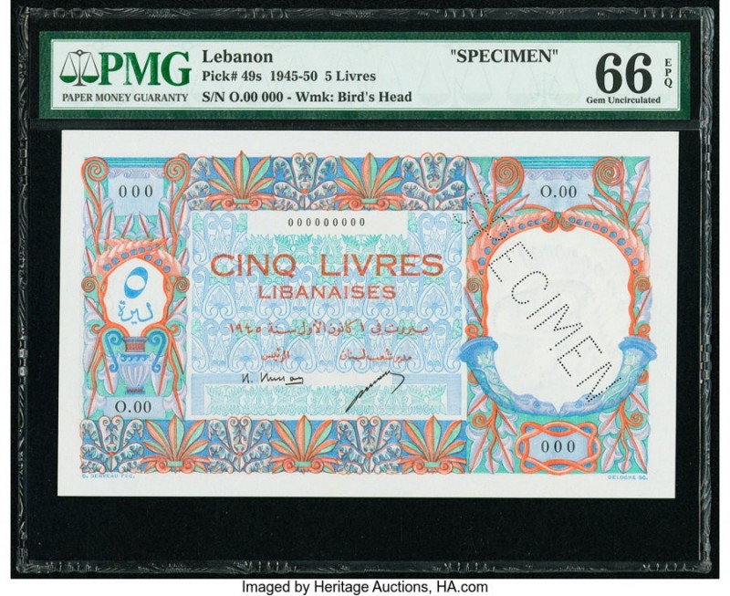 Lebanon Banque de Syrie et du Liban 5 Livres 1945 Pick 49s Specimen PMG Gem Unci...