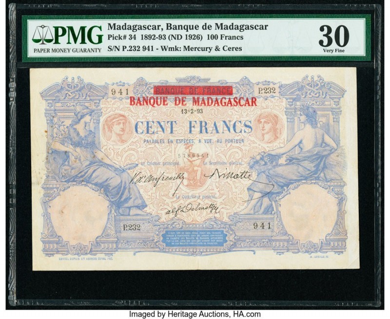 Madagascar Banque de Madagascar 100 Francs 13.2.1893 (ND 1926) Pick 34 PMG Very ...