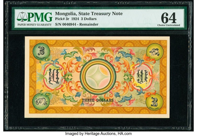 Mongolia State Treasury 3 Dollars 1924 Pick 3r Remainder PMG Choice Uncirculated...