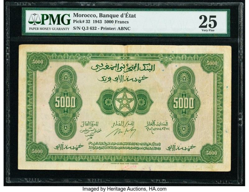 Morocco Banque d'Etat du Maroc 5000 Francs 1943 Pick 32 PMG Very Fine 25. The la...