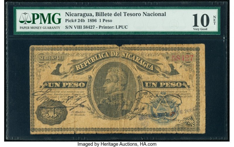 Nicaragua Billete del Tesoro Nacional 1 Peso 1896 Pick 24b PMG Very Good 10 Net....