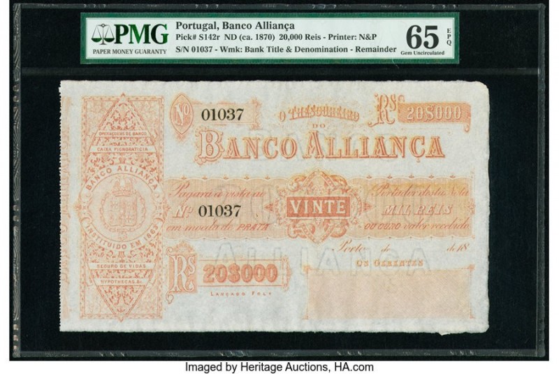 Portugal Banco Allianca 20,000 Reis ND (ca. 1870) Pick S142r Remainder PMG Gem U...