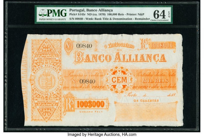 Portugal Banco Allianca 100,000 Reis ND (ca. 1870) Pick S145r Remainder PMG Choi...