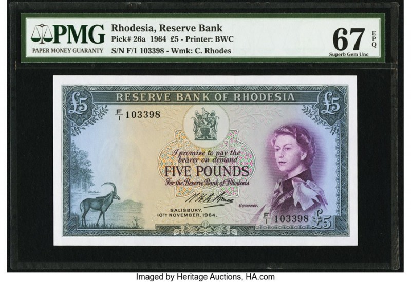 Rhodesia Reserve Bank of Rhodesia 5 Pounds 10.11.1964 Pick 26a PMG Superb Gem Un...