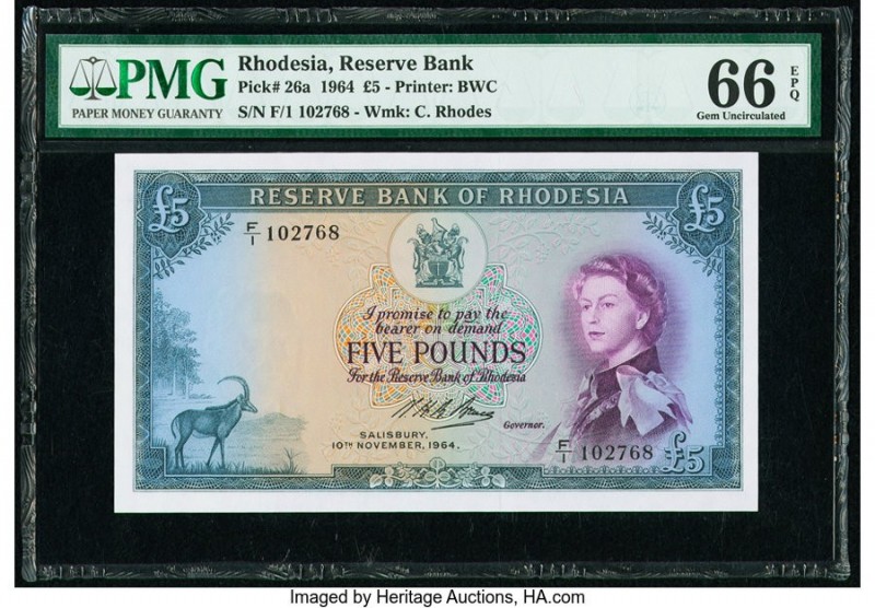 Rhodesia Reserve Bank of Rhodesia 5 Pounds 10.11.1964 Pick 26a PMG Gem Uncircula...