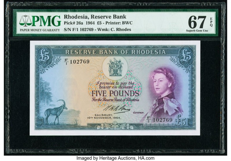 Rhodesia Reserve Bank of Rhodesia 5 Pounds 10.11.1964 Pick 26a PMG Superb Gem Un...