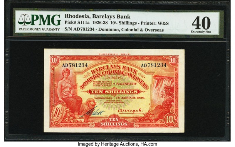 Rhodesia Bank of Africa Limited 10 Shillings 1.1.1936 Pick S111a PMG Extremely F...