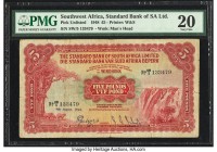 Southwest Africa Standard Bank of South Africa Ltd. 5 Pounds 9.8.1948 Pick Unlisted PMG Very Fine 20. A scarce carmine colored highest denomination th...