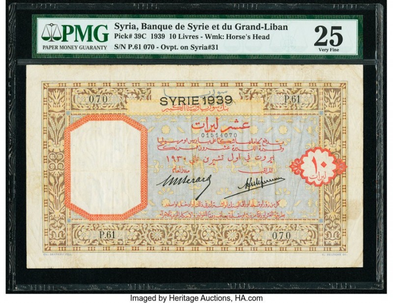 Syria Banque de Syrie et du Grand-Liban 10 Livres 1939 Pick 39C PMG Very Fine 25...