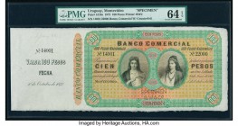 Uruguay Banco Comercial 100 Pesos 1.10.1872 Pick S128s Specimen PMG Choice Uncirculated 64 EPQ. Created by Bradbury, Wilkinson & Company, this beautif...
