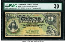 Venezuela Banco Caracas 20 Bolívares 1920-28 Pick S153 PMG Very Fine 30. A pleasing mid-grade example of a very rare issued note from the provincial b...