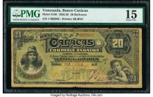 Venezuela Banco Caracas 20 Bolivares 22.2.1928 Pick S158 PMG Choice Fine 15. Intense guilloche designs and deep inks remain visible on this early issu...