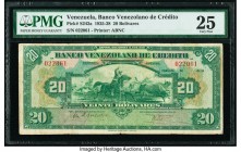 Venezuela Banco Venezolano de Credito 20 Bolivares 1925-28 Pick S242a PMG Very Fine 25. A lovey vignette of vaqueros roping cattle highlights the fron...