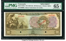Venezuela Banco Venezolano de Credito 100 Bolivares ND (1925-28) Pick S243a Specimen PMG Gem Uncirculated 65 EPQ. A handsome example of this higher de...