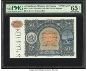 Afghanistan Ministry of Finance 50 Afghanis ND (1936) / ND (SH1315) Pick 19As Specimen PMG Gem Uncirculated 65 EPQ. Easily the finest example of this ...