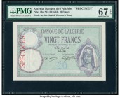 Algeria Banque de l'Algerie 20 Francs ND (1914-42) Pick 78s Specimen PMG Superb Gem Unc 67 EPQ. At the time of cataloging, this is the lone example in...